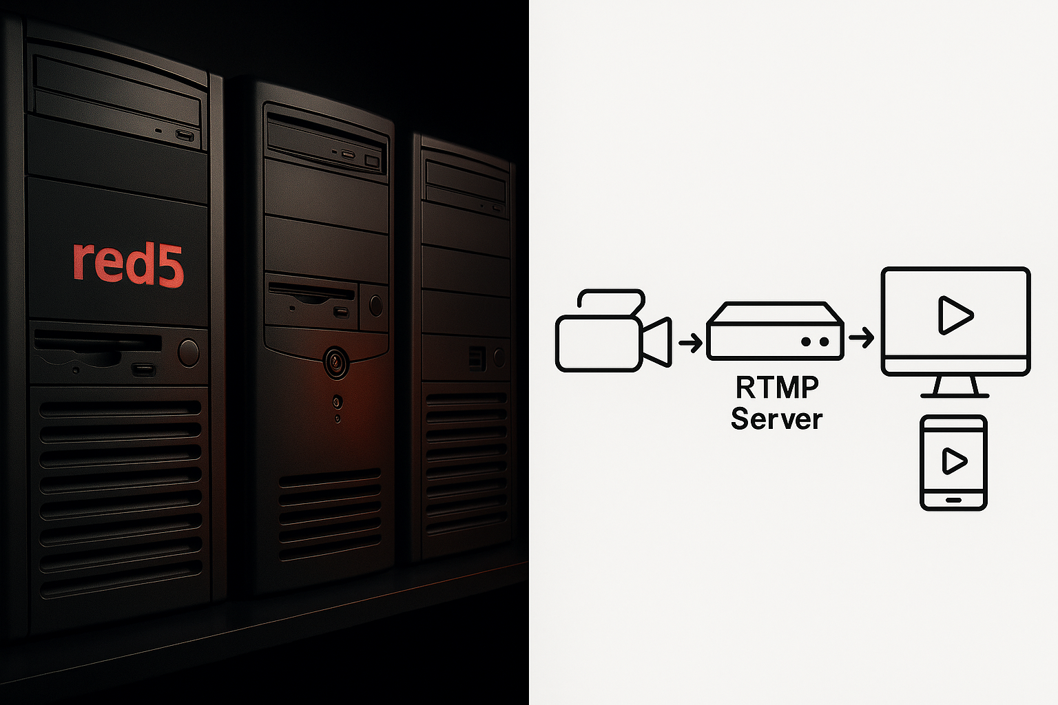 Evolution from Red5 to modern RTMP streaming servers shown through a split image of old metal servers and a clean RTMP workflow diagram.